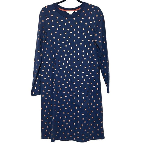 Boden Women’s Metallic Polka Dot Sweatshirt Dress Navy Blue/Copper Size 6 L - Picture 2 of 9